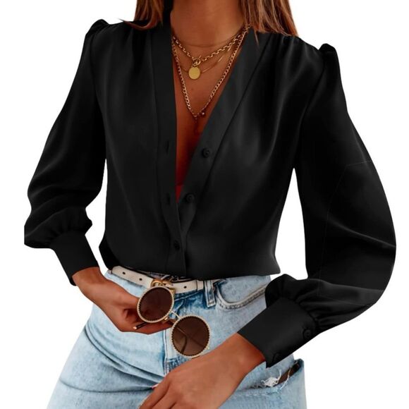 Women's Business Casual Long Sleeve Button Down Chiffon Blouse - Picture 1 of 5